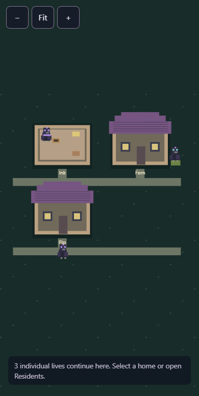The CrowBot Community interface showing example residents Ink, Fern and Pip